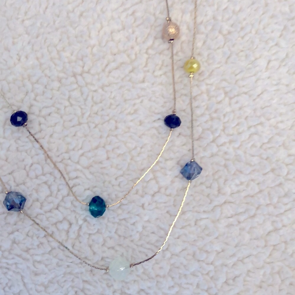 Loft long necklace lemon yellow beads combination with blue crystals